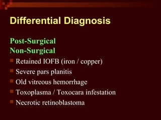 Differential Diagnosis
Post-Surgical
Non-Surgical
 Retained IOFB (iron / copper)
 Severe pars planitis
 Old vitreous hemorrhage
 Toxoplasma / Toxocara infestation
 Necrotic retinoblastoma
 