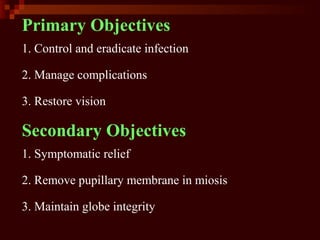 Primary Objectives
1. Control and eradicate infection
2. Manage complications
3. Restore vision
Secondary Objectives
1. Symptomatic relief
2. Remove pupillary membrane in miosis
3. Maintain globe integrity
 