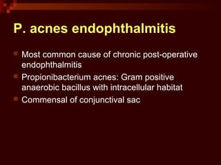 P. acnes endophthalmitis
 Most common cause of chronic post-operative
endophthalmitis
 Propionibacterium acnes: Gram positive
anaerobic bacillus with intracellular habitat
 Commensal of conjunctival sac
 