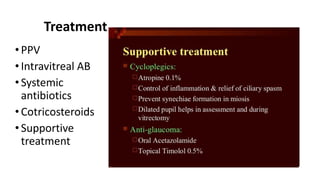 Treatment
• PPV
• Intravitreal AB
• Systemic
antibiotics
• Cotricosteroids
• Supportive
treatment
 