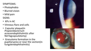 SYMPTOMS-
• Photophobia
• Blurred vision
• Mild pain
SIGNS-
• KPs in AC
• Vitreous flare and cells
• Capsular plaque(in
Propionibacterium
acnesendophthalmitis after
Nd:Yagcapsulotomy)
• Granuloma formation in the
pupillaryarea or near the section(in
fungalendophthalmitis)
 