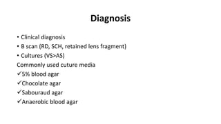 Diagnosis
• Clinical diagnosis
• B scan (RD, SCH, retained lens fragment)
• Cultures (VS>AS)
Commonly used cuture media
5% blood agar
Chocolate agar
Sabouraud agar
Anaerobic blood agar
 