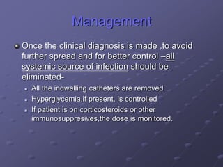 Management
Once the clinical diagnosis is made ,to avoid
further spread and for better control –all
systemic source of infection should be
eliminated-
 All the indwelling catheters are removed
 Hyperglycemia,if present, is controlled
 If patient is on corticosteroids or other
immunosuppresives,the dose is monitored.
 