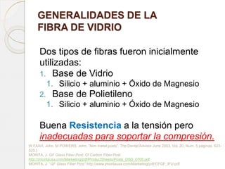 GENERALIDADES DE LA
FIBRA DE VIDRIO
Dos tipos de fibras fueron inicialmente
utilizadas:
1. Base de Vidrio
1. Silicio + alu...