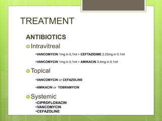 TREATMENT
ANTIBIOTICS
Intravitreal
Topical
Systemic
VANCOMYCIN 1mg in 0.1ml + CEFTAZIDIME 2.25mg in 0.1ml
VANCOMYCIN 1mg in 0.1ml + AMIKACIN 0.4mg in 0.1ml
VANCOMYCIN or CEFAZOLINE
AMIKACIN or TOBRAMYCIN
CIPROFLOXACIN
VANCOMYCIN
CEFAZOLINE
 