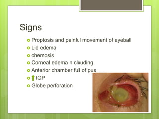  Proptosis and painful movement of eyeball
 Lid edema
 chemosis
 Corneal edema n clouding
 Anterior chamber full of pus
 IOP
 Globe perforation
Signs
 