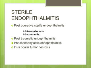 STERILE
ENDOPHTHALMITIS
 Post operative sterile endophthalmitis
 Post traumatic endophthalmitis
 Phacoanaphylactic endophthalmitis
 Intra ocular tumor necrosis
Intraocular lens
instruments
 
