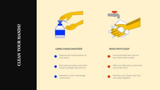 USING HANDSANITIZER
Dispense the hand sainitizer on
your palms.
Rub well over palms, backof the
handsand fingernailsuntil dry.
Waterless usefor refreshingly
clean hands.
WASH WITH SOAP
Hands should bewet, and rub
your handspalm to palm.
With your rightpalm rub theback
of your left hand
Interlanceyour fingersand rubs
your palms together.
CLEANYOURHANDS!
 