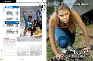 aQuÁTicos
                           masculino
                                       Ranking aPós
                                                                           PonTos
                                       eTaPa bRasileiRa:
                                       1. adriano de souza (Bra)           20.500
                                       2. Joel parkinson (aus)             19.200
                                       3. Kelly slater (eua)               16.950
                                       4. taj Burrow (aus)                 16.500
                                       5. Jordy smith (aFs)                14.750
                                       6. Owen Wright (aus)                12.150
                                       7. michel Bourez (taH)              12.000
                                       8. mick Fanning (aus)               11.500
                                       9. Bede durbidge (aus)              11.000
                                       10. tiago pires (pOr)               11.000
                           Feminino




                                       Ranking aPós
                                                                       PonTos
                                       eTaPa bRasileiRa:
                                       1. Carissa moore (Haw)          20.500
                                       2. sally Fitzgibbons (aus)      19.200
                                       3. tyler Wright (aus)           16.950
                                       4. stephanie Gilmore (aus)      16.500
                                       5. silvana lima (Bra)           14.750
                                       6. Coco Ho (Haw)                12.150
                                       7. Courtney Conlogue (eua)      12.000
                                       8. sofia mulanovich (per)       11.500
                                       9. Chelsea Hedges (aus)         11.000
                                       10. pauline ado (Fra)           11.000



                             meninas
                              A elite do surf mundial feminino apre-
                             sentou um nível altissimo de habilidade
                             e radicalidade. Quatro representantes
                             brasileiras entraram na disputa pelo títu-
                             lo da 5º etapa do World Tour. A cearense        Silvana Lima, que conquistou a terceira       certo pra mim. Me diverti muito aqui no
                             Silvana Lima, integrante da elite desde         colocação após levantar a torcida até os      Rio, é um lugar muito bonito, agora eu
                             2006; a “Big Rider” Maya Gabeira, tetra-        ultimos segundos da semifinal contra a        entendo por que todos chamam de ci-
                             campeã do XXL Global Big Wave Awards            havaiana Carissa Moore.                       dade maravilhosa. Tive algumas baterias
                             e convidada da Billabong; Suelen Naraisa,        Finalista em todas as cinco etapas do        difíceis durante o dia, mas consegui en-
                             a atual bicampeã brasileira de surf pro-        World Tour Feminino 2011, a havaiana
                                                                                                                           contrar o ritmo e me dar bem na final”,
                             fissional, que recebeu o wild card; e a te-     Carissa Moore, de 18 anos, consolidou-
                                                                                                                           afirmou Carissa, ao sair da água.
                             tracampeã brasileira, Andrea Lopes, que         -se na liderança do ranking com a tercei-
                                                                                                                            Com a vitória, Carissa embolsou o prê-
[ Ano3 | Número13 ] 2011




                             entrou no lugar da australiana Rebecca          ra vitória no ano. Ela protagonizou a final
                                                                             contra a australiana Sally Fitzgibbons,       mio de 25 mil dolares e abriu 5.350 pon-
                             Woods, que desistiu de competir. Em
                                                                             manobrando forte de backside. O placar        tos de vantagem no ranking sobre Sally
                             1999, a carioca foi a primeira brasileira a
                                                                             final foi de 14.87 x 13.80 pontos.            Fitzgibbons. A proxima parada do WT
                             vencer uma etapa do Circuito Mundial.
                              Das quatro representantes, a única bra-         “Já estava contente por estar em mais        feminino acontece em Biarritz, na França,
                             sileira que se deu bem foi a cearense           uma final, surfei tranquila e deu tudo        entre os dias 11 e 17 de julho.



32                                                                                     www.portalendorfina.com                                                         www.portalendorfina.com   33
 