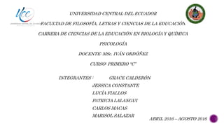 UNIVERSIDAD CENTRAL DEL ECUADOR
FACULTAD DE FILOSOFÍA, LETRAS Y CIENCIAS DE LA EDUCACIÓN
CARRERA DE CIENCIAS DE LA EDUCACIÓN EN BIOLOGÍA Y QUÍMICA
PSICOLOGÍA
DOCENTE: MSc. IVÁN ORDÓÑEZ
CURSO: PRIMERO “C”
INTEGRANTES : GRACE CALDERÓN
JESSICA CONSTANTE
LUCÍA FIALLOS
PATRICIA LALANGUI
CARLOS MACAS
MARISOL SALAZAR
ABRIL 2016 – AGOSTO 2016
 