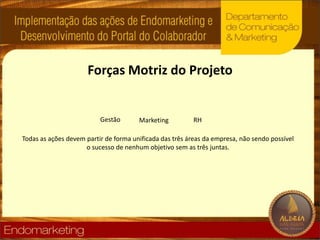 ForçasMotriz do ProjetoGestãoRHMarketingTodas as ações devem partir de forma unificada das três áreas da empresa, não sendo possível o sucesso de nenhum objetivo sem as três juntas. 