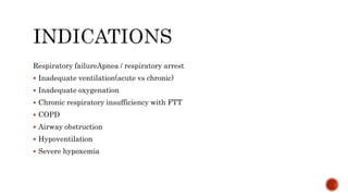 Respiratory failureApnea / respiratory arrest
 Inadequate ventilation(acute vs chronic)
 Inadequate oxygenation
 Chronic respiratory insufficiency with FTT
 COPD
 Airway obstruction
 Hypoventilation
 Severe hypoxemia
 