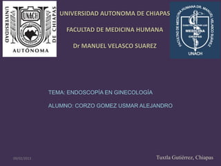 UNIVERSIDAD AUTONOMA DE CHIAPAS

                  FACULTAD DE MEDICINA HUMANA

                    Dr MANUEL VELASCO SUAREZ




             TEMA: ENDOSCOPÍA EN GINECOLOGÍA

             ALUMNO: CORZO GOMEZ USMAR ALEJANDRO




09/02/2013                                     Tuxtla Gutiérrez, Chiapas
 