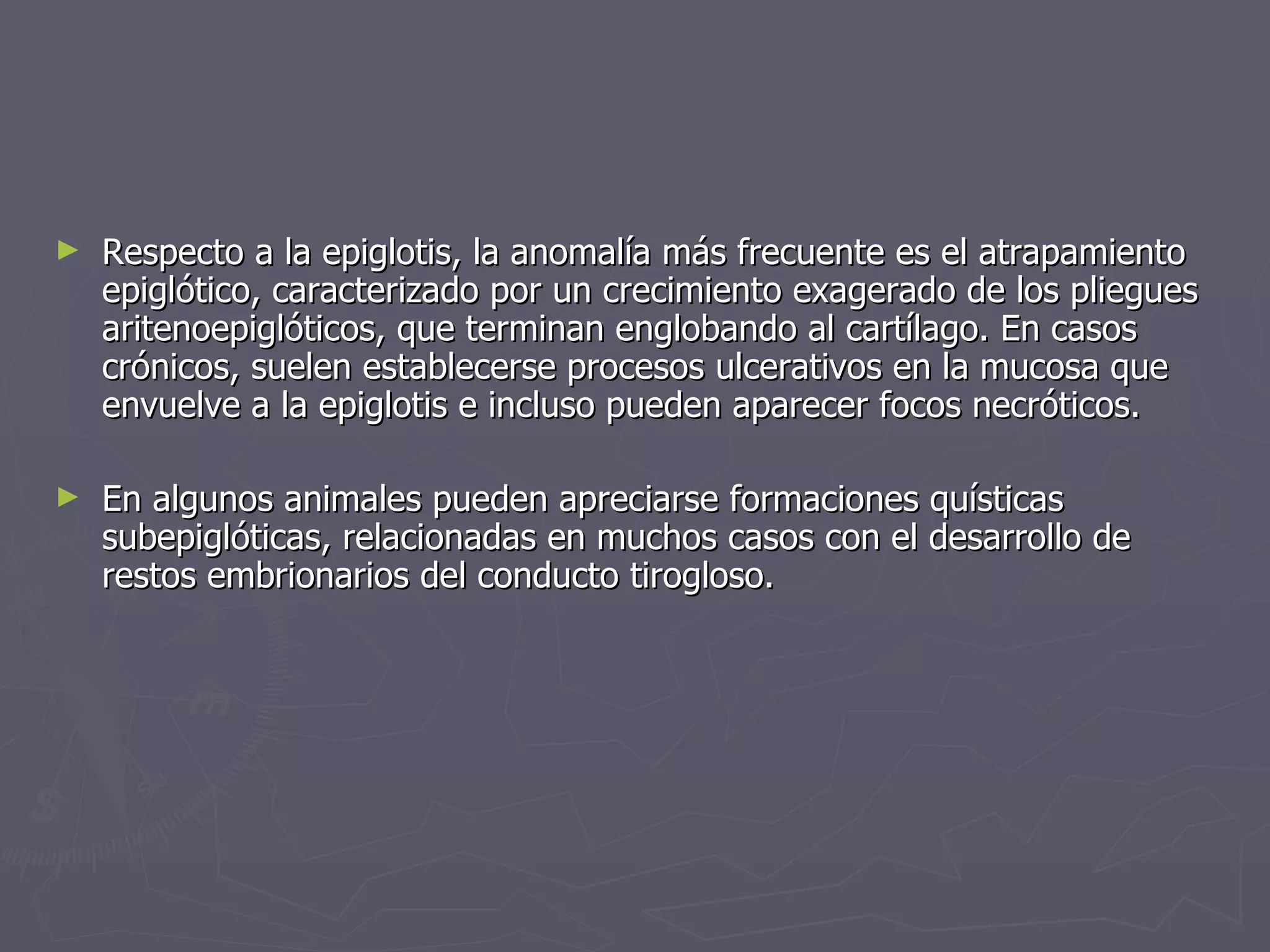 Respecto a la epiglotis, la anomalía más frecuente es el atrapamiento epiglótico, caracterizado por un crecimiento exagerado de los pliegues aritenoepiglóticos, que terminan englobando al cartílago. En casos crónicos, suelen establecerse procesos ulcerativos en la mucosa que envuelve a la epiglotis e incluso pueden aparecer focos necróticos. En algunos animales pueden apreciarse formaciones quísticas subepiglóticas, relacionadas en muchos casos con el desarrollo de restos embrionarios del conducto tirogloso.  