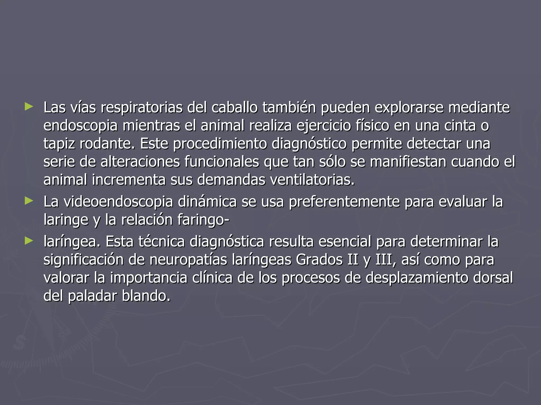 Las vías respiratorias del caballo también pueden explorarse mediante endoscopia mientras el animal realiza ejercicio físico en una cinta o tapiz rodante. Este procedimiento diagnóstico permite detectar una serie de alteraciones funcionales que tan sólo se manifiestan cuando el animal incrementa sus demandas ventilatorias.  La videoendoscopia dinámica se usa preferentemente para evaluar la laringe y la relación faringo- laríngea. Esta técnica diagnóstica resulta esencial para determinar la significación de neuropatías laríngeas Grados II y III, así como para valorar la importancia clínica de los procesos de desplazamiento dorsal del paladar blando.  