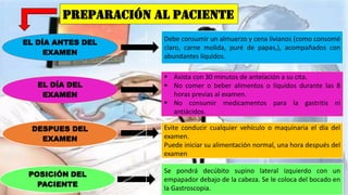 PREPARACIÓN AL PACIENTE
EL DÍA ANTES DEL
EXAMEN
EL DÍA DEL
EXAMEN
Debe consumir un almuerzo y cena livianos (como consomé
claro, carne molida, puré de papas,), acompañados con
abundantes líquidos.
DESPUES DEL
EXAMEN
 Asista con 30 minutos de antelación a su cita.
 No comer o beber alimentos o líquidos durante las 8
horas previas al examen.
 No consumir medicamentos para la gastritis ni
antiácidos.
Evite conducir cualquier vehículo o maquinaria el día del
examen.
Puede iniciar su alimentación normal, una hora después del
examen
POSICIÓN DEL
PACIENTE
Se pondrá decúbito supino lateral izquierdo con un
empapador debajo de la cabeza. Se le coloca del bocado en
la Gastroscopia.
 