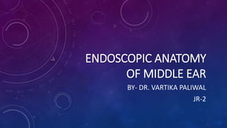 ENDOSCOPIC ANATOMY
OF MIDDLE EAR
BY- DR. VARTIKA PALIWAL
JR-2
 