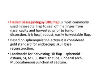 • Hadad Bassagasteguy (HB) flap is most commonly
used nasoseptal flap to seal off meninges from
nasal cavity and harvested prior to tumor
dissection. It is local, robust, easily harvestable flap.
• Based on sphenopalatine artery it is considered
gold standard for endoscopic skull base
reconstruction.
• Landmarks for harvesting HB flap – sphenoid
ostium, ST, MT, Eustachian tube, Choanal arch,
Mucocutaneous junction of septum.
 
