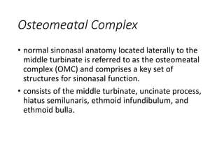 Osteomeatal Complex
• normal sinonasal anatomy located laterally to the
middle turbinate is referred to as the osteomeatal
complex (OMC) and comprises a key set of
structures for sinonasal function.
• consists of the middle turbinate, uncinate process,
hiatus semilunaris, ethmoid infundibulum, and
ethmoid bulla.
 