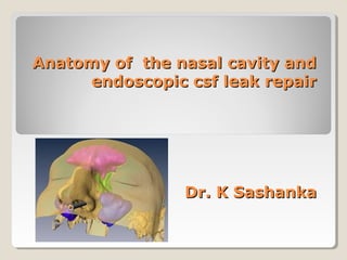 Anatomy of the nasal cavity andAnatomy of the nasal cavity and
endoscopic csf leak repairendoscopic csf leak repair
Dr. K SashankaDr. K Sashanka
 