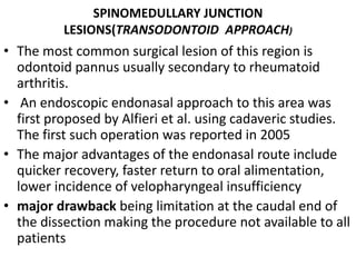 SPINOMEDULLARY JUNCTION
LESIONS(TRANSODONTOID APPROACH)
• The most common surgical lesion of this region is
odontoid pannus usually secondary to rheumatoid
arthritis.
• An endoscopic endonasal approach to this area was
first proposed by Alfieri et al. using cadaveric studies.
The first such operation was reported in 2005
• The major advantages of the endonasal route include
quicker recovery, faster return to oral alimentation,
lower incidence of velopharyngeal insufficiency
• major drawback being limitation at the caudal end of
the dissection making the procedure not available to all
patients
 