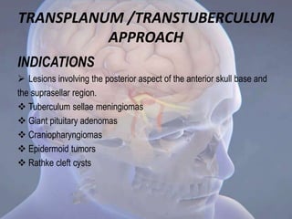 TRANSPLANUM /TRANSTUBERCULUM
APPROACH
INDICATIONS
 Lesions involving the posterior aspect of the anterior skull base and
the suprasellar region.
 Tuberculum sellae meningiomas
 Giant pituitary adenomas
 Craniopharyngiomas
 Epidermoid tumors
 Rathke cleft cysts
 