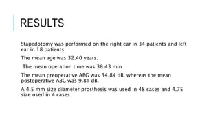 RESULTS
Stapedotomy was performed on the right ear in 34 patients and left
ear in 18 patients.
The mean age was 32.40 years.
The mean operation time was 38.43 min
The mean preoperative ABG was 34.84 dB, whereas the mean
postoperative ABG was 9.81 dB.
A 4.5 mm size diameter prosthesis was used in 48 cases and 4.75
size used in 4 cases
 
