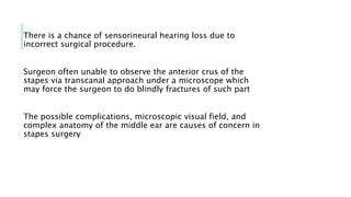 There is a chance of sensorineural hearing loss due to
incorrect surgical procedure.
Surgeon often unable to observe the anterior crus of the
stapes via transcanal approach under a microscope which
may force the surgeon to do blindly fractures of such part
The possible complications, microscopic visual field, and
complex anatomy of the middle ear are causes of concern in
stapes surgery
 