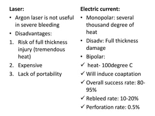 Laser:                        Electric current:
• Argon laser is not useful   • Monopolar: several
  in severe bleeding            thousand degree of
• Disadvantages:                heat
1. Risk of full thickness     • Disadv: Full thickness
   injury (tremendous           damage
   heat)                      • Bipolar:
2. Expensive                   heat- 100degree C
3. Lack of portability         Will induce coaptation
                               Overall success rate: 80-
                                95%
                               Rebleed rate: 10-20%
                               Perforation rate: 0.5%
 