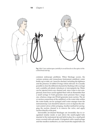 common endoscope problems. When blockage occurs, the
various systems and connections (instrument umbilical, water
bottle cap or tube, etc.) must be checked, including the tightness
and the presence of rubber O-rings where relevant. It is usually
possible to clear the different channels by ﬂushing with a syringe
and a suitable soft plastic introducer or micropipette tip. Water
can be injected down any channel and, since water is not com-
pressed, more force can be applied than with air. Remember that
a small syringe (1–5·ml) generates more pressure than a large
one, whereas a large one (50·ml) generates more suction. The air
or suction connections at the umbilical, or the water tube within
the water bottle can be syringed until water emerges from the
instrument tip. Care should be taken to cover or depress the rele-
vant control valves while syringing.Another method for unclog-
ging the suction channel is to remove the valve, and apply
suction directly at the port.
Irreversible air-channel blockages are invariably due to co-
agulated residue inside or just above the small-angled tube
inserted at the instrument tip and held in place by a small grub
screw covered with soft mastic. If irrigation with a small syringe
and ﬁne needle is ineffective, as a last resort this angled tube can
Chapter 110
Fig. 1.160Carry endoscopes carefully to avoid knocks to the optics in the
control head and tip.
 