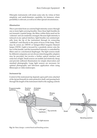 Fibreoptic instruments will retain some role, by virtue of their
simplicity and small-diameter capability, for instances where
portability is relevant, as well as in other special circumstances.
Illumination
This is provided from an external high-intensity source through
one or more light-carrying bundles. Since these light bundles do
not transmit a spatial image, the ﬁbres within them need not be
‘coherent’ and are randomly arranged. Because light intensity is
reduced at any optical interface, light bundles run uninterrupt-
edly from the tip of the instrument through its connecting
‘umbilical’ cord directly to the point of focus of the lamp. These
may be xenon arc (300·W) or halogen-ﬁlled tungsten ﬁlament
lamps (150·W). Light is focused by a parabolic mirror onto the
face of the bundle, and the transmitted intensity is controlled by
ﬁlters and/or a mechanical diaphragm. The light sources made
by different companies are not always interchangeable; adapters
may be provided, but involve a further optical interface and
some loss of light. Small sources are mobile and relatively cheap
and provide sufﬁcient illumination for simple observation and
standard photography. Large light sources are necessary for
optimal photography and television application when using
ﬁbrescopes or video-endoscopes.
Instrument tip
Control of the instrument tip depends upon pull wires attached
at the tip just beneath its outer protective shaft, and passing back
through the length of the instrument shaft to the angling controls
Basic Endoscopic Equipment 5
Air/water
button
Suction
button
Biopsy
port
Shaft
To light source
Left/right
Up/down
Tip controls
Bending section
Programmable
switches
Fig. 1.60Basic design—control head and bending section.
 