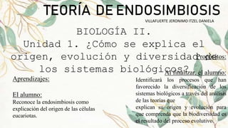TEORÍA DE ENDOSIMBIOSIS
BIOLOGÍA II.
Unidad 1. ¿Cómo se explica el
origen, evolución y diversidad de
los sistemas biológicos?
Propósitos:
Al finalizar, el alumno:
Identificará los procesos que han
favorecido la diversificación de los
sistemas biológicos a través del análisis
de las teorías que
explican su origen y evolución para
que comprenda que la biodiversidad es
el resultado del proceso evolutivo.
Aprendizajes:
El alumno:
Reconoce la endosimbiosis como
explicación del origen de las células
eucariotas.
VILLAFUERTE JERONIMO ITZEL DANIELA
 