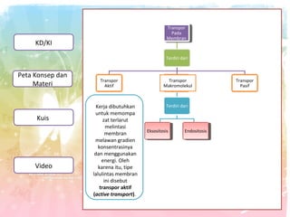 Transpor
Transpor
Pada
Pada
Membran
Membran

KD/KI

Terdiri dari

Peta Konsep dan
Materi

Kuis

Video

Transpor
Aktif

Kerja dibutuhkan
untuk memompa
zat terlarut
melintasi
membran
melawan gradien
konsentrasinya
dan menggunakan
energi. Oleh
karena itu, tipe
lalulintas membran
ini disebut
transpor aktif
(active transport).

Transpor
Makromolekul

Terdiri dari

Eksositosis
Eksositosis

Endositosis
Endositosis

Transpor
Pasif

 