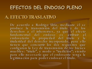 EFECTOS DEL ENDOSO PLENO EFECTO TRASLATIVO De acuerdo a Rodrigo Uría, mediante él se produce la transmisión del título y de los derechos a él inherentes, ya que el efecto fundamental del endoso es atribuir al endosatario la propiedad del título y la titularidad del derecho incorporado, para ello tienen que concurrir los dos requisitos que configuran la Ley de transmisión de los bienes muebles: “título”, y modo o “tradición”; siendo para ello necesario que el endosante tenga la legitimación para poder endosar el título.  
