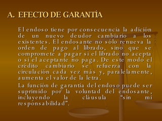 EFECTO DE GARANTÍA El endoso tiene por consecuencia la adición de un nuevo deudor cambiario a los existentes. El endosante no sólo renueva la orden de pago al librado, sino que se compromete a pagar si el librado no acepta o si el aceptante no paga. De este modo el crédito cambiario se refuerza con la circulación cada vez más y, paralelamente, aumenta el valor de la letra. La función de garantía del endoso puede ser suprimido por la voluntad del endosante, incluyendo la cláusula “sin mi responsabilidad”. 
