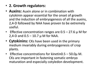• 2. Growth regulators:
• Auxins: Auxin alone or in combination with
cytokinin appear essential for the onset of growth
and the induction of embryogenesis of all the auxins,
2,4-D followed by NAA have proven to be extremely
useful.
• Effective concentration ranges are 0.5 – 27.6 μ M for
2,4-D and 0.5 – 10.7 μ M for NAA.
• Cytokinins: CKs have been used in the primary
medium invariably during embryogenesis of crop
plants.
• Effective concentrations for kinetin0.5 – 50.0μ M.
CKs are important in fastening somatic embryo
maturation and especially cotyledon development.
 