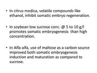 • In citrus medica, volatile compounds like
ethanol, inhibit somatic embryo regeneration.
• In soybean low sucrose conc. @ 5 to 10 g/l
promotes somatic embryogenesis than high
concentration.
• In Alfa-alfa, use of maltose as a carbon source
improved both somatic embryogenesis
induction and maturation as compared to
sucrose.
 