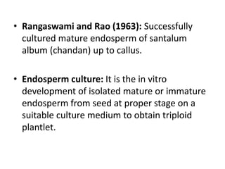 • Rangaswami and Rao (1963): Successfully
cultured mature endosperm of santalum
album (chandan) up to callus.
• Endosperm culture: It is the in vitro
development of isolated mature or immature
endosperm from seed at proper stage on a
suitable culture medium to obtain triploid
plantlet.
 