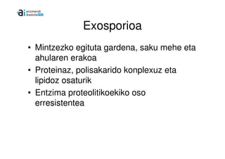 Exosporioa
• Mintzezko egituta gardena, saku mehe eta
  ahularen erakoa
• Proteinaz, polisakarido konplexuz eta
  lipidoz osaturik
• Entzima proteolitikoekiko oso
  erresistentea
 