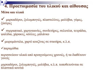 4. Προετοιμασία του υλικού και αίθουσας
Μέσα και υλικά
 μαρκαδόροι, ξυλομπογιές, πλαστελίνες, μολύβια, γόμες,
ξύστρες
 συρραπτικό, χαρτοταινίες, συνδετήρες, σελοτέιπ, τετράδια,
ψαλίδια, χάρακες, κόλλες, μπλάνκο
μωρομάντιλα, χαρτί κουζίνας σε στατήρα, κ.λ.π.
παραμύθια
περισσεύουν υλικά από προηγούμενες χρονιές, ή τα διαθέτουν
γονείς
μαρκαδόροι, ξυλομπογιές, μολύβια, κ.λ.π. τοποθετούνται σε
πλαστικά κουτιά
 