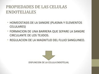 PROPIEDADES DE LAS CELULAS
ENDOTELIALES
• HOMEOSTASIS DE LA SANGRE (PLASMA Y ELEMENTOS
CELULARES)
• FORMACION DE UNA BARRERA QUE SEPARE LA SANGRE
CIRCULANTE DE LOS TEJIDOS.
• REGULACION DE LA MAGNITUD DEL FLUJO SANGUINEO.
DISFUNCION DE LA CELULA ENDOTELIAL
 