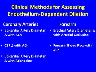 Clinical Methods for Assessing
Endothelium-Dependent Dilation
Coronary Arteries
• Epicardial Artery Diameter
 with ACh
• CBF  with ACh
• Epicardial Artery Diameter
 with Adenosine
Forearm
• Brachial Artery Diameter 
with Arterial Occlusion
• Forearm Blood Flow with
ACh
 