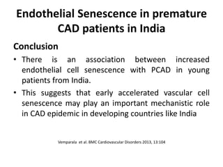 Endothelial Senescence in premature
CAD patients in India
Conclusion
• There is an association between increased
endothelial cell senescence with PCAD in young
patients from India.
• This suggests that early accelerated vascular cell
senescence may play an important mechanistic role
in CAD epidemic in developing countries like India
Vemparala et al. BMC Cardiovascular Disorders 2013, 13:104
 