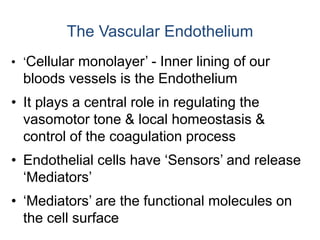 • ‘Cellular monolayer’ - Inner lining of our
bloods vessels is the Endothelium
• It plays a central role in regulating the
vasomotor tone & local homeostasis &
control of the coagulation process
• Endothelial cells have ‘Sensors’ and release
‘Mediators’
• ‘Mediators’ are the functional molecules on
the cell surface
The Vascular Endothelium
 