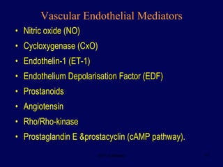 Nitric oxide (NO) Cycloxygenase (CxO) Endothelin-1 (ET-1) Endothelium Depolarisation Factor (EDF) Prostanoids Angiotensin Rho/Rho-kinase Prostaglandin E &prostacyclin (cAMP pathway). Vascular Endothelial Mediators 