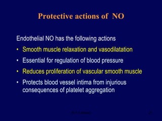 Endothelial NO has the following actions Smooth muscle relaxation and vasodilatation Essential for regulation of blood pressure Reduces proliferation of vascular smooth muscle Protects blood vessel intima from injurious consequences of platelet aggregation Protective actions of  NO 
