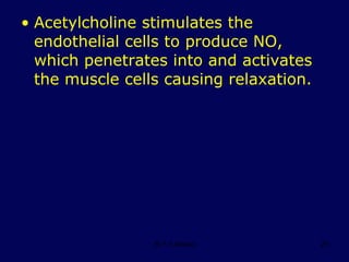 Acetylcholine stimulates the endothelial cells to produce NO, which penetrates into and activates the muscle cells causing relaxation. 