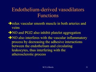 Endothelium-derived vasodilators Functions relax vascular smooth muscle in both arteries and veins  NO and PGI2 also inhibit platelet aggregation NO also interferes with the vascular inflammatory process by decreasing the adhesive interactions between the endothelium and circulating leukocytes, thus interfering with the atherosclerotic process 