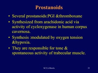 Prostanoids Several prostanoids:PGI &thromboxane Synthesized from arachidonic acid via activity of cycloxygenase in human corpus cavernosa. Synthesis :modulated by oxygen tension &hypoxia. They are responsible for tone & spontaneous activity of trabecular muscle. 
