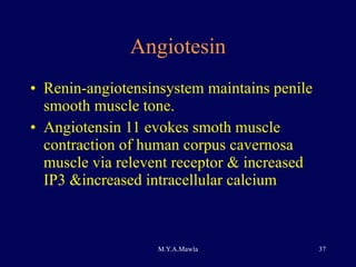 Angiotesin Renin-angiotensinsystem maintains penile smooth muscle tone. Angiotensin 11 evokes smoth muscle contraction of human corpus cavernosa muscle via relevent receptor & increased IP3 &increased intracellular calcium 